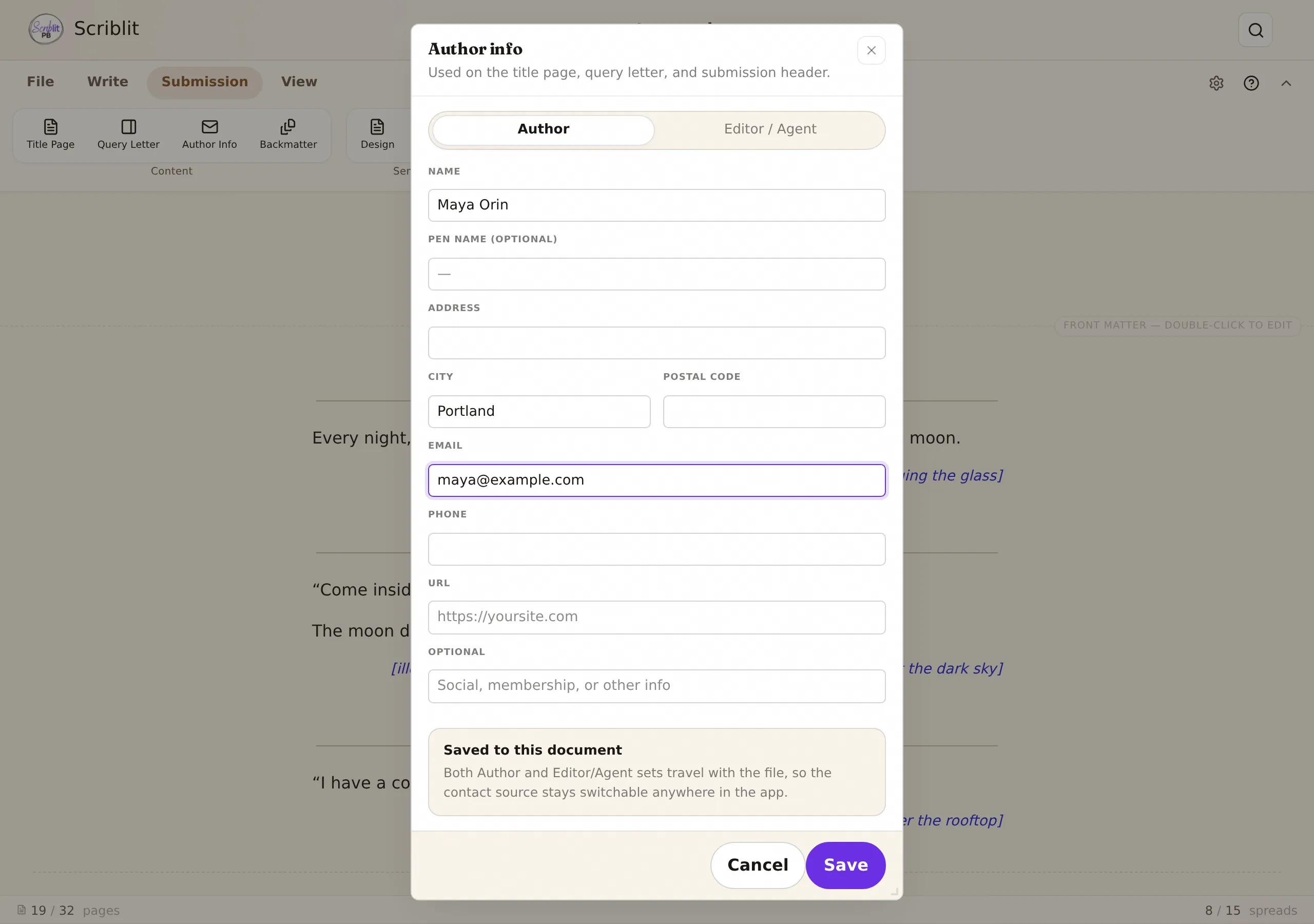 The Author Info dialog with the Author / Editor-Agent pill at the top and the Author fields — name, pen name, address, city, postal code, email, phone, URL — partly filled in