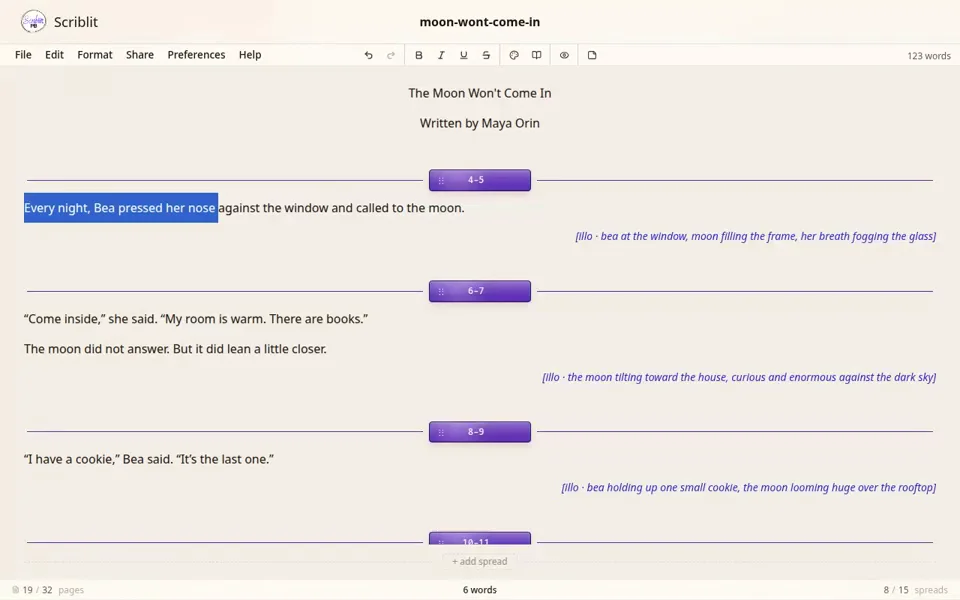 Selecting a line of text, opening the Notes panel, and adding an author note