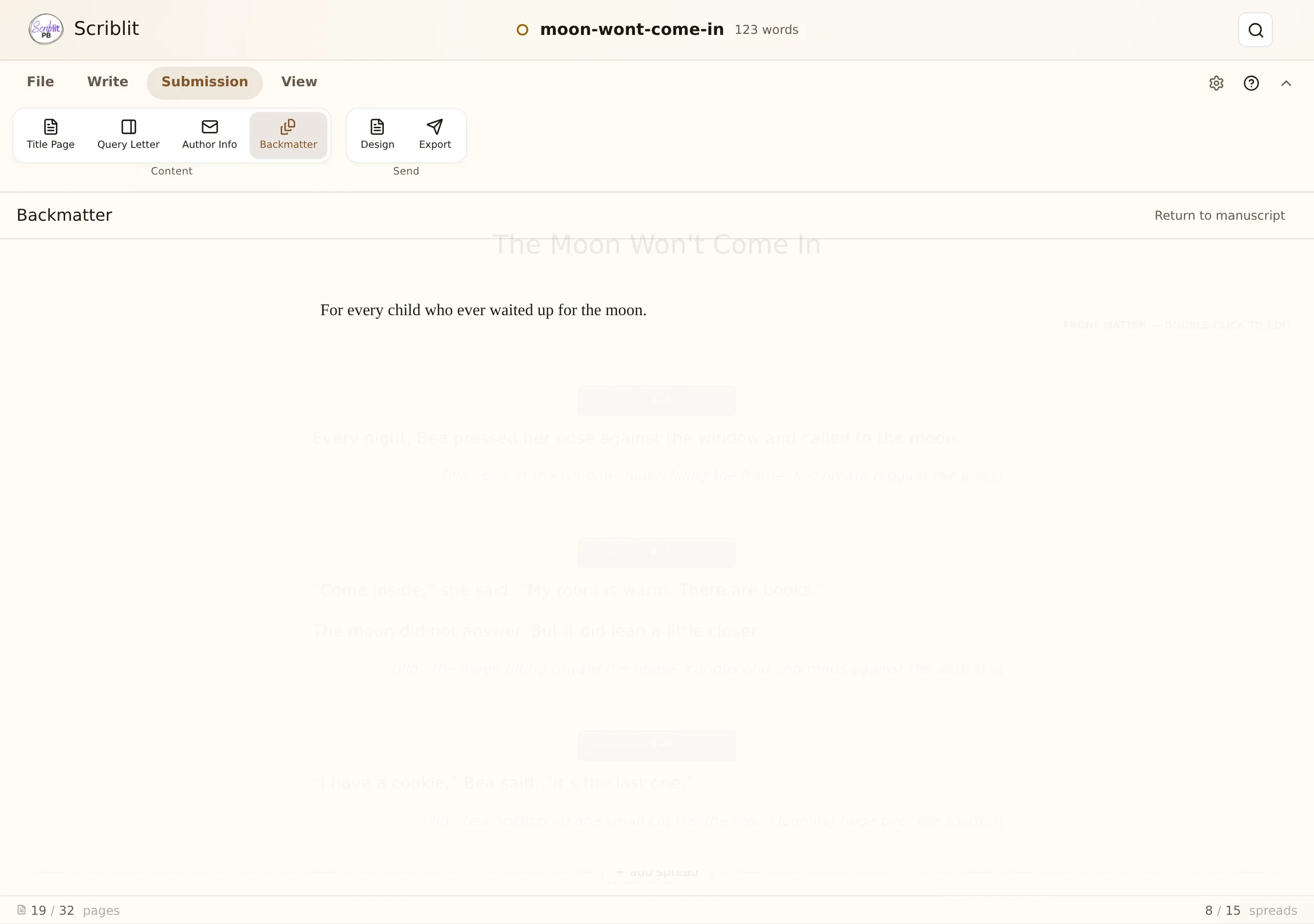 The Backmatter writing surface open over the dimmed manuscript: a plain-text area with a sample dedication and a Return to manuscript button in its header