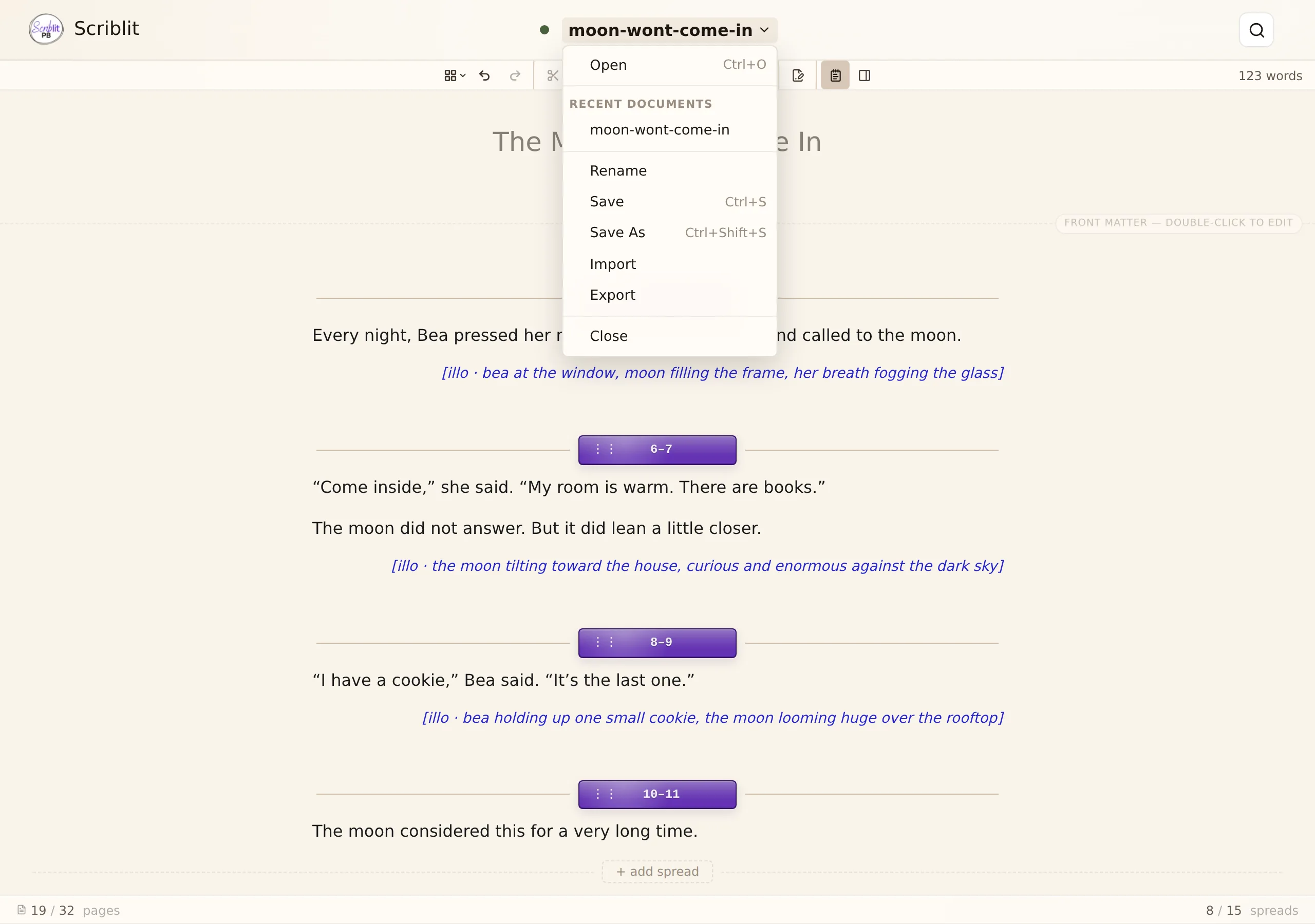 The Compact document-title menu open, listing Open, Recent Documents, Rename, Save, Save As, Import, Export, and Close