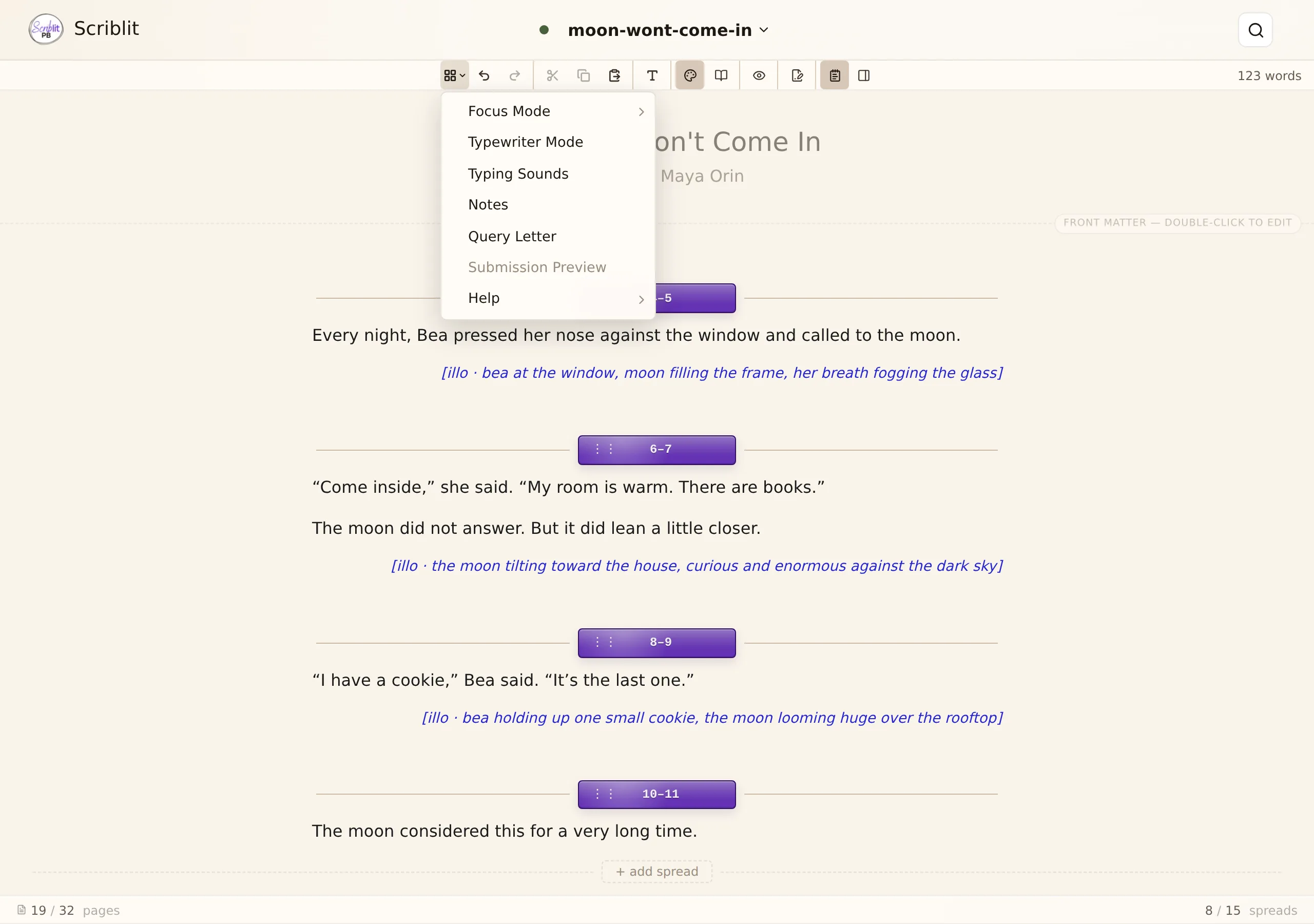 The Compact Workspace menu open, listing Focus Mode, Typewriter Mode, Typing Sounds, Notes, Query Letter, Submission Preview, and Help