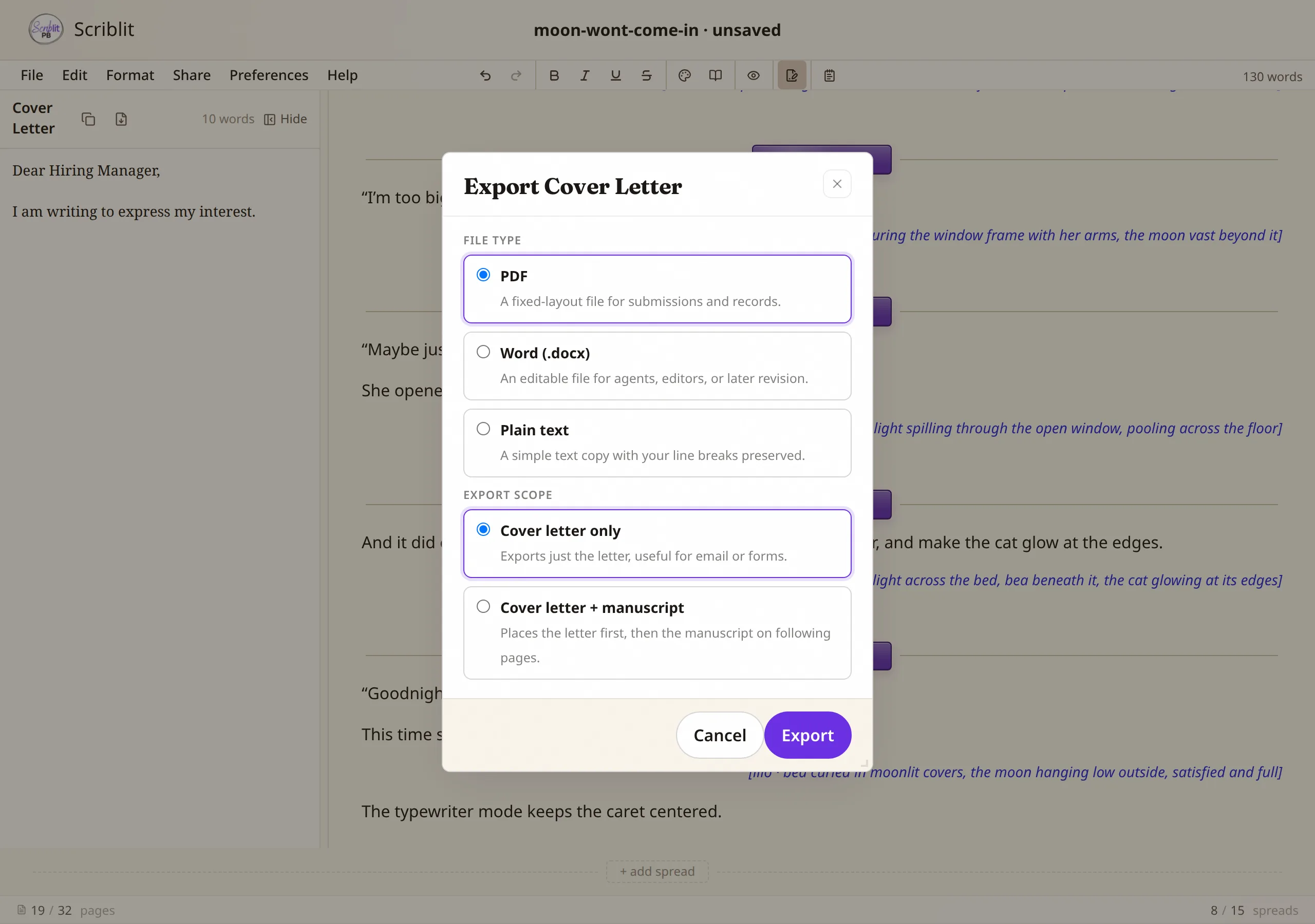 The Export Cover Letter dialog showing file type (PDF, Word, Plain text) and export scope (cover letter only, or cover letter + manuscript) options