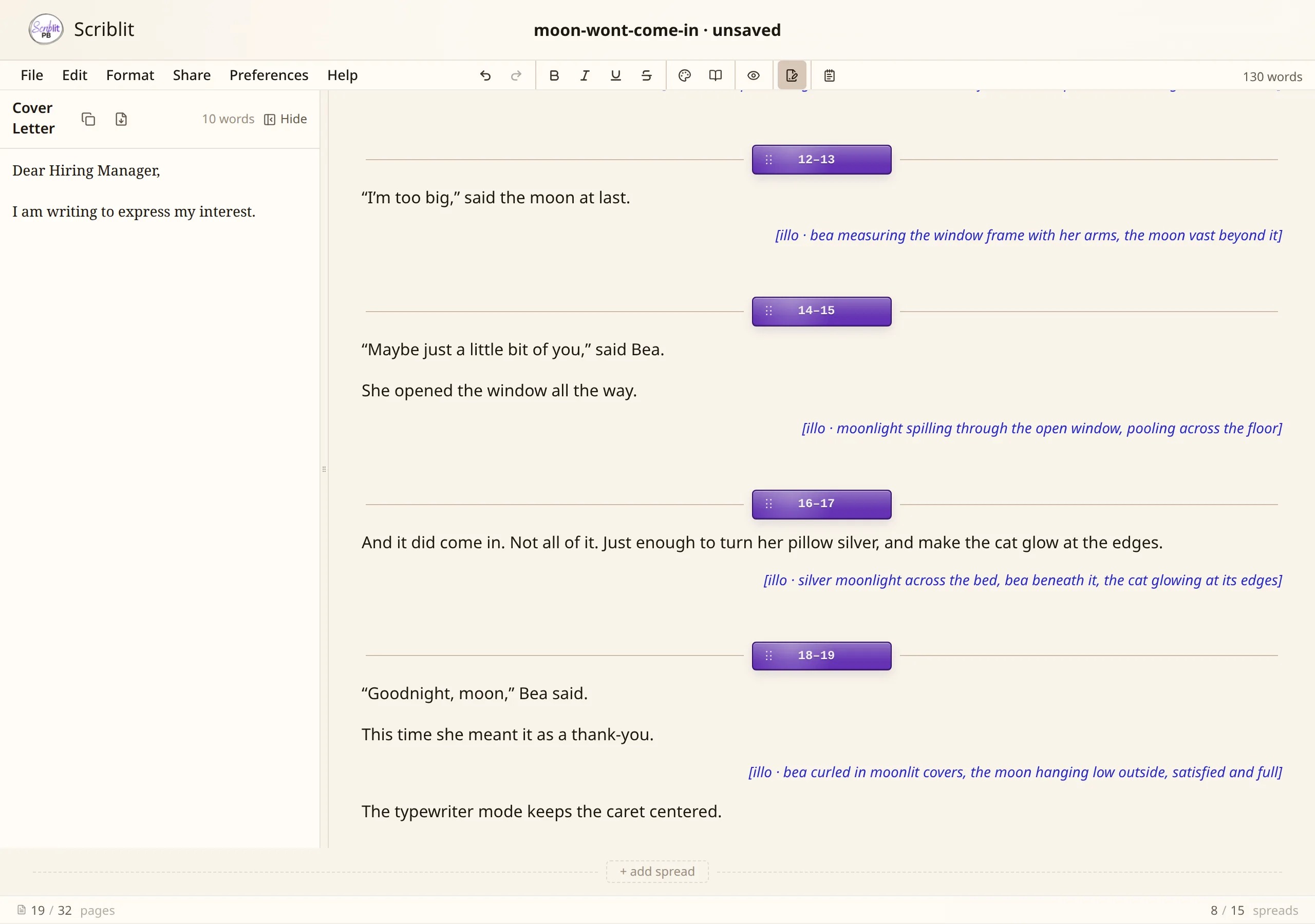 Opening the Cover Letter panel, switching its dock side, and switching to Combined View