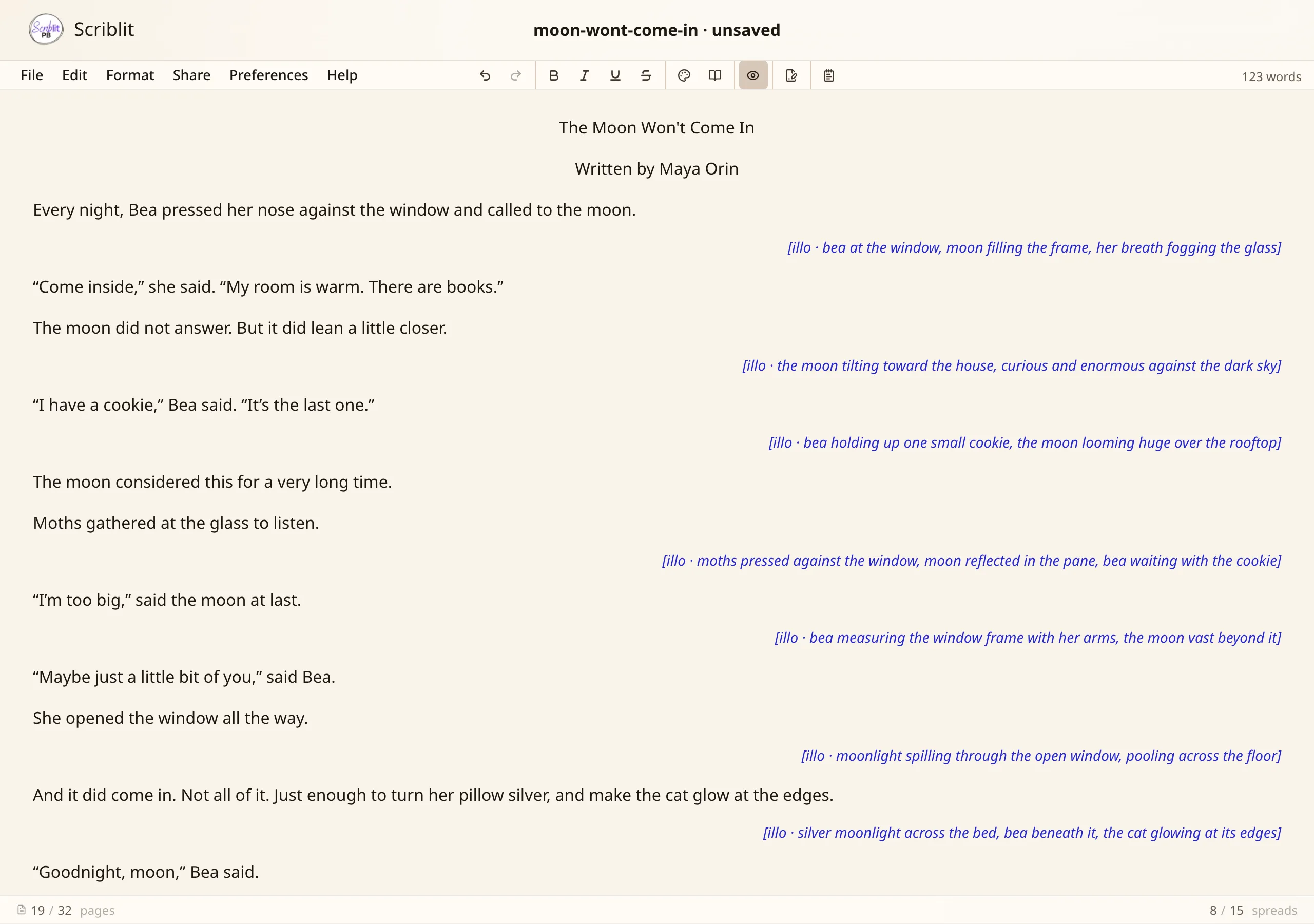 Toggling Focus Mode to hide spread dividers and illustration notes, then toggling back