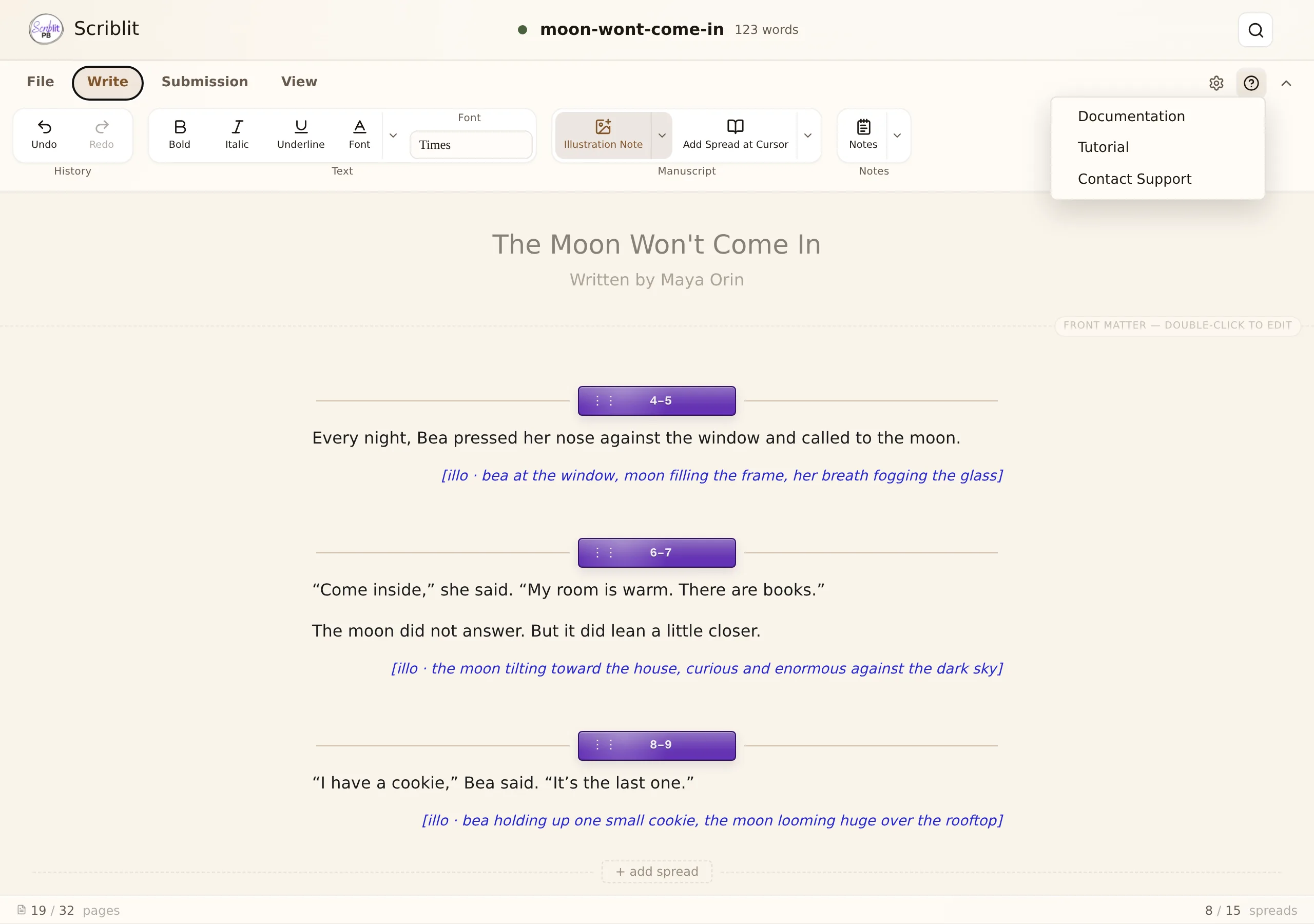 The ribbon Help menu open at the right of the tab row, listing Documentation, Tutorial, and Contact Support