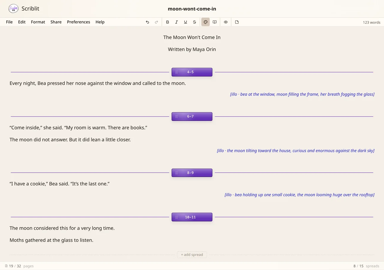 Scriblit editor demo: opening a picture book manuscript, anchoring an author note to a line, and reading in Focus Mode