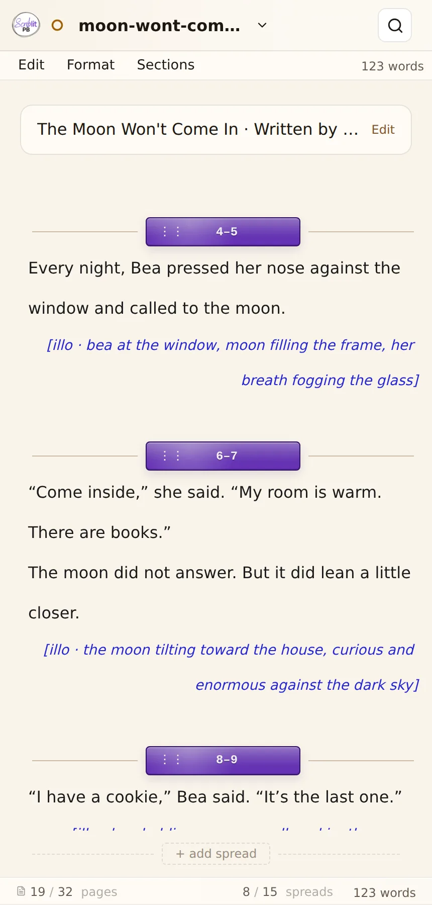 Scriblit on a phone in Compact with the icon bar hidden; Edit and Format triggers now appear in the row