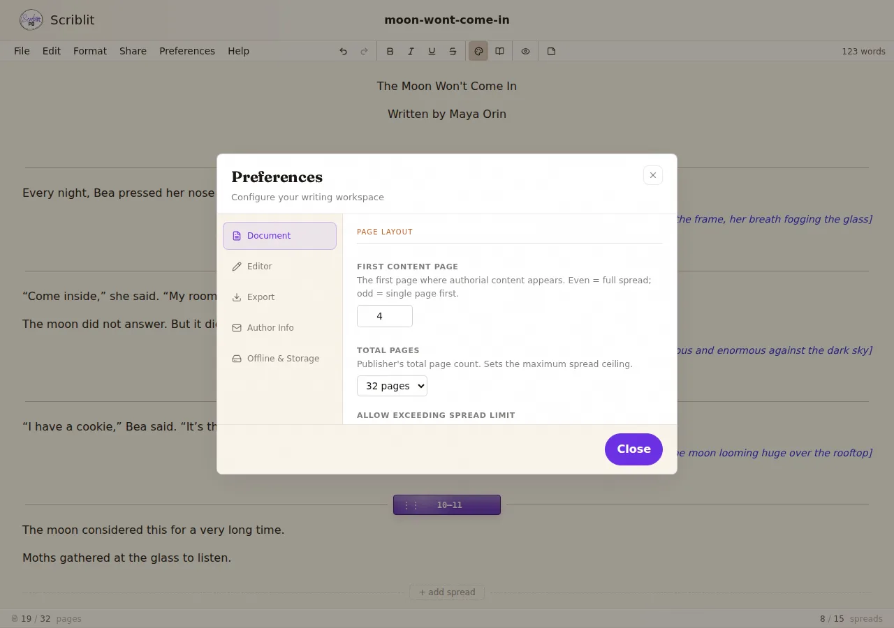 Opening Preferences and clicking across the five tabs: Document, Editor, Export, Author Info, and Offline and Storage