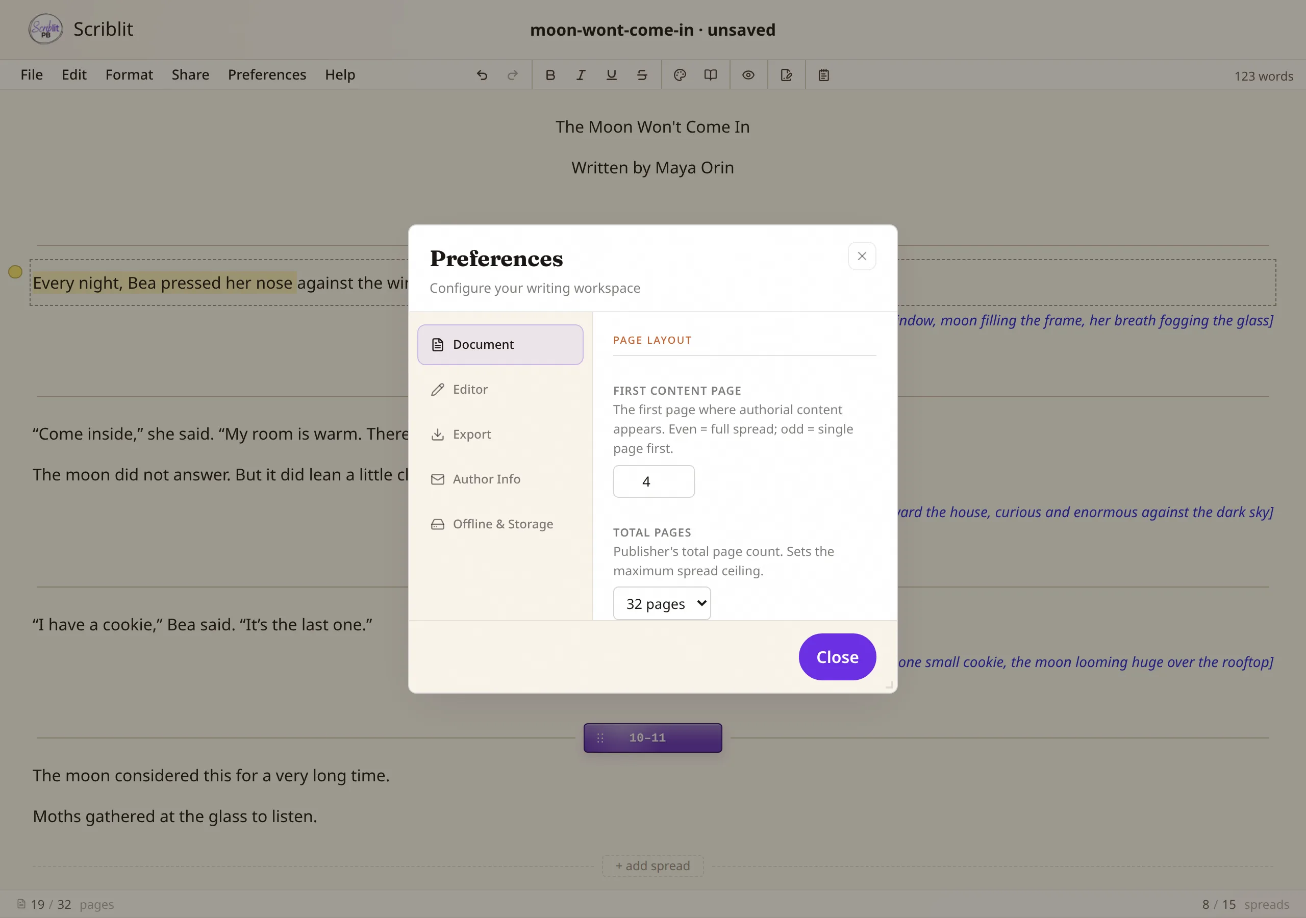 The Preferences dialog showing first content page, total pages, and the spread limit toggle