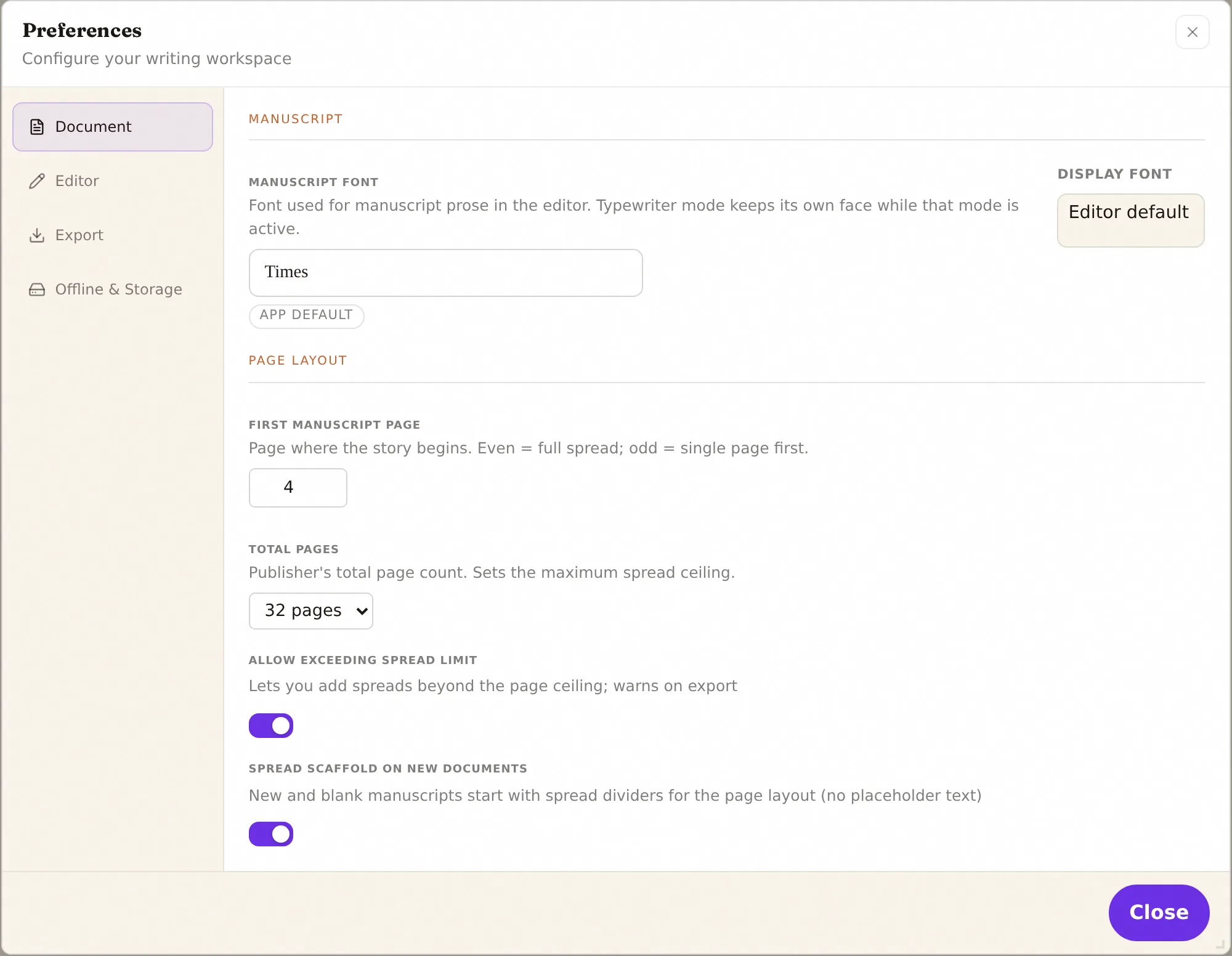 The Document tab of Preferences, showing the display font, first manuscript page, total pages, spread-limit, and spread-scaffold settings