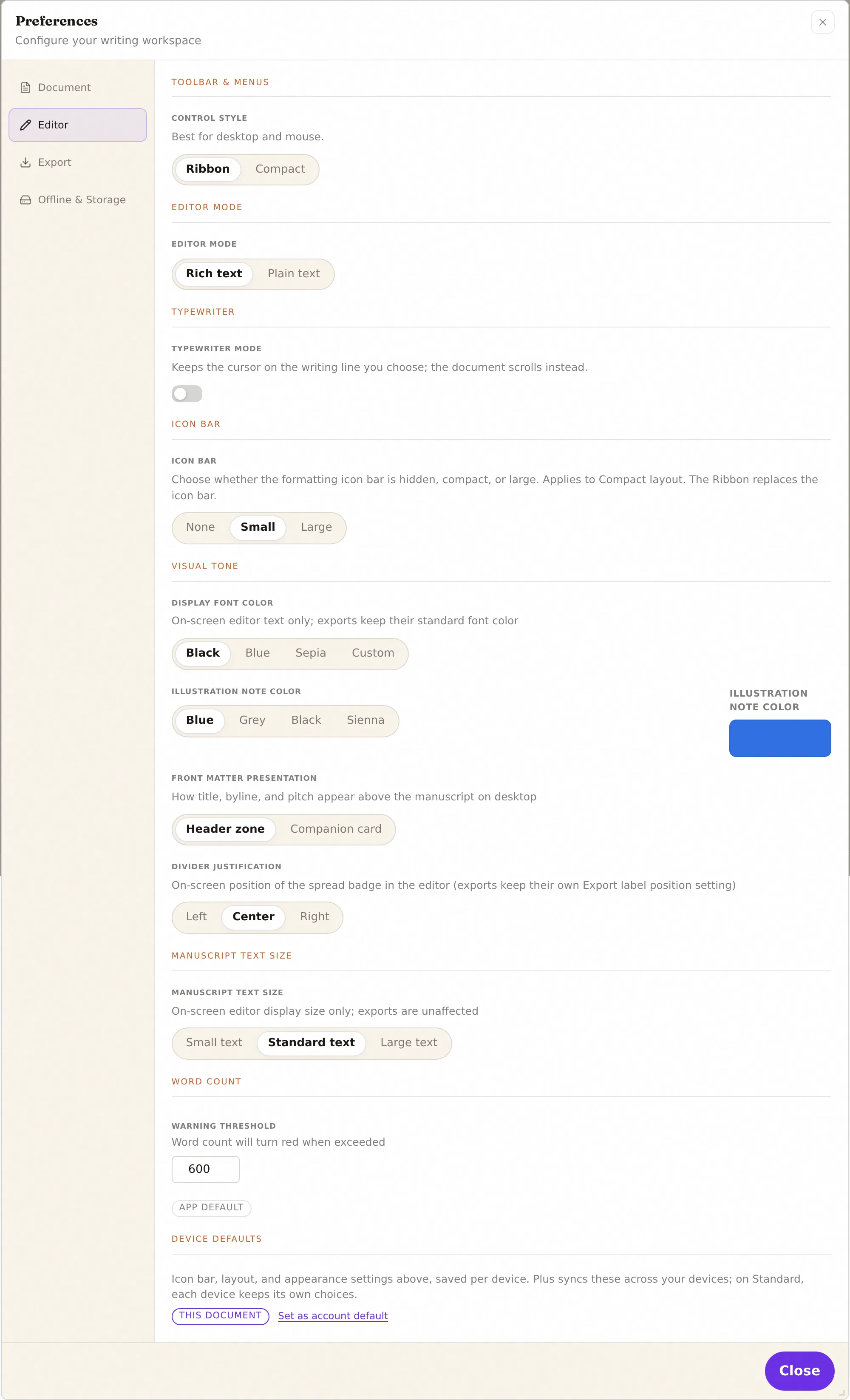 The Editor tab of Preferences, showing every setting: control style, editor mode, typewriter mode, icon bar, display font color, illustration note color, front matter presentation, divider justification, manuscript text size, word-count warning, and device defaults