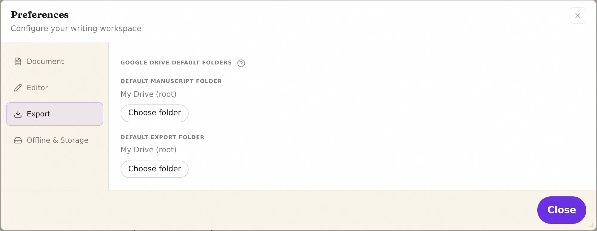 The Export tab of Preferences, showing the Google Drive default folders for project files and for exports