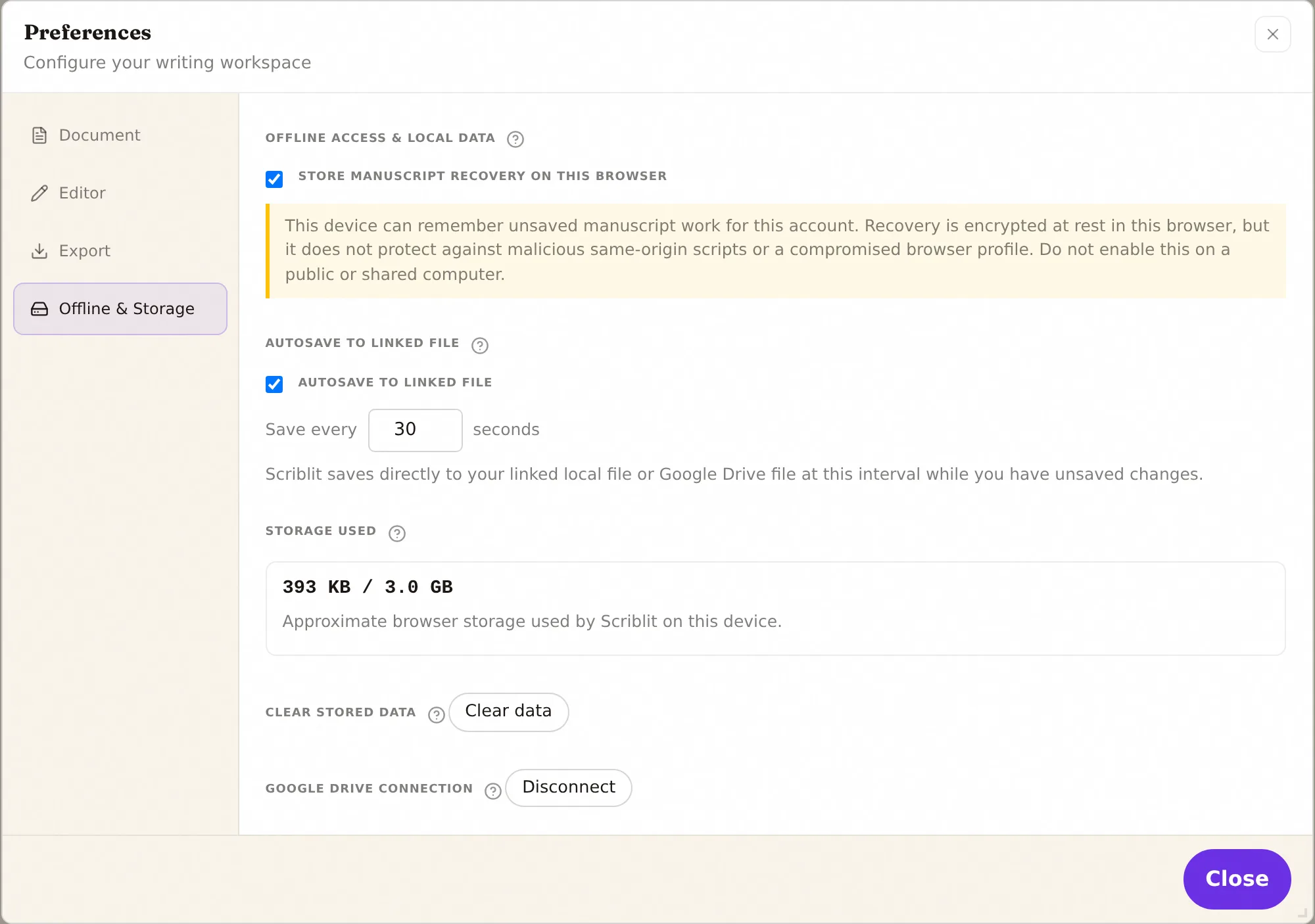 The Offline & Storage tab of Preferences, showing the manuscript-recovery toggle, autosave-to-linked-file interval, the storage-used meter, Clear stored data, and Google Drive connection controls