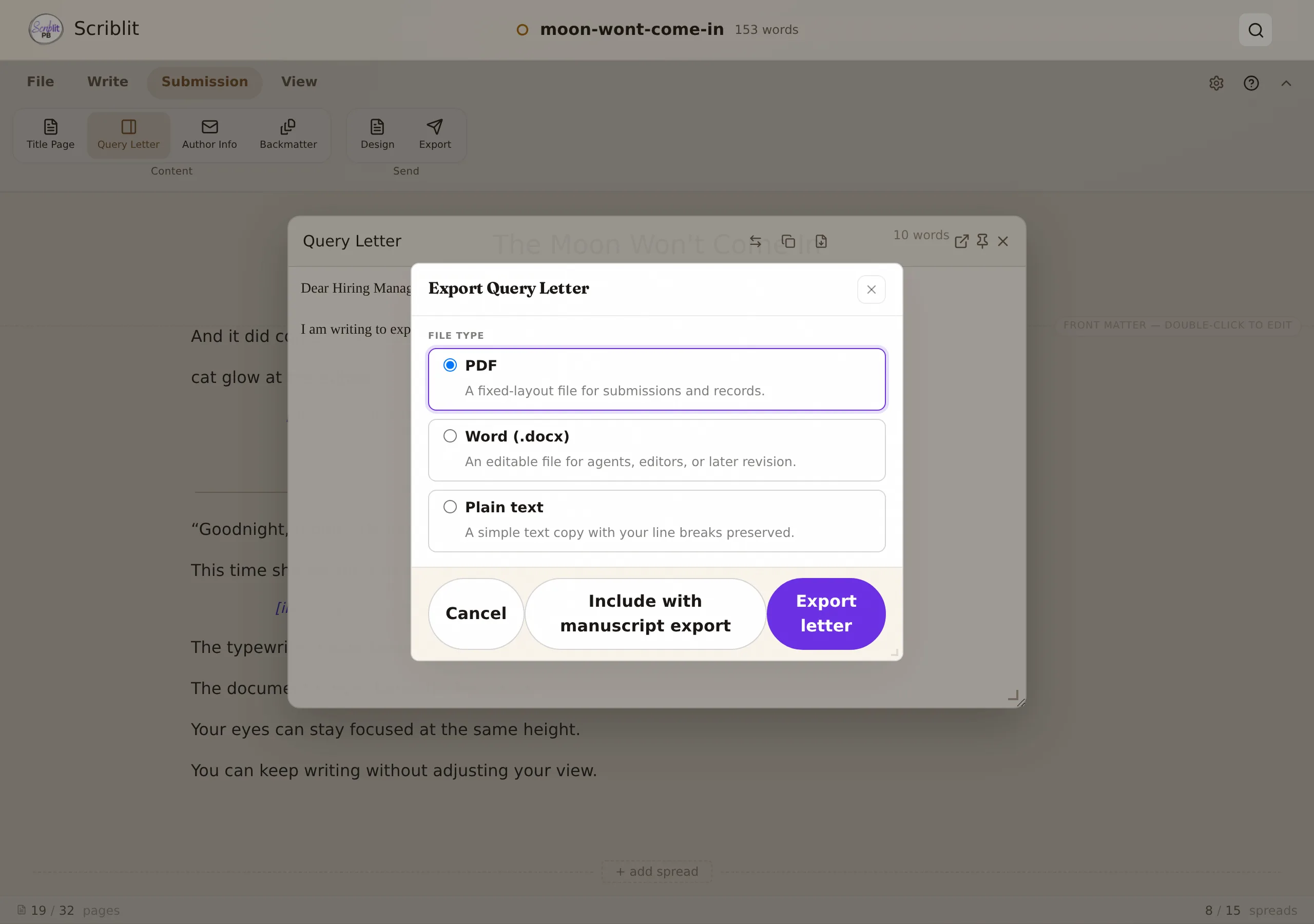The Export Query Letter dialog showing file type (PDF, Word, Plain text) and export scope (query letter only, or query letter + manuscript) options