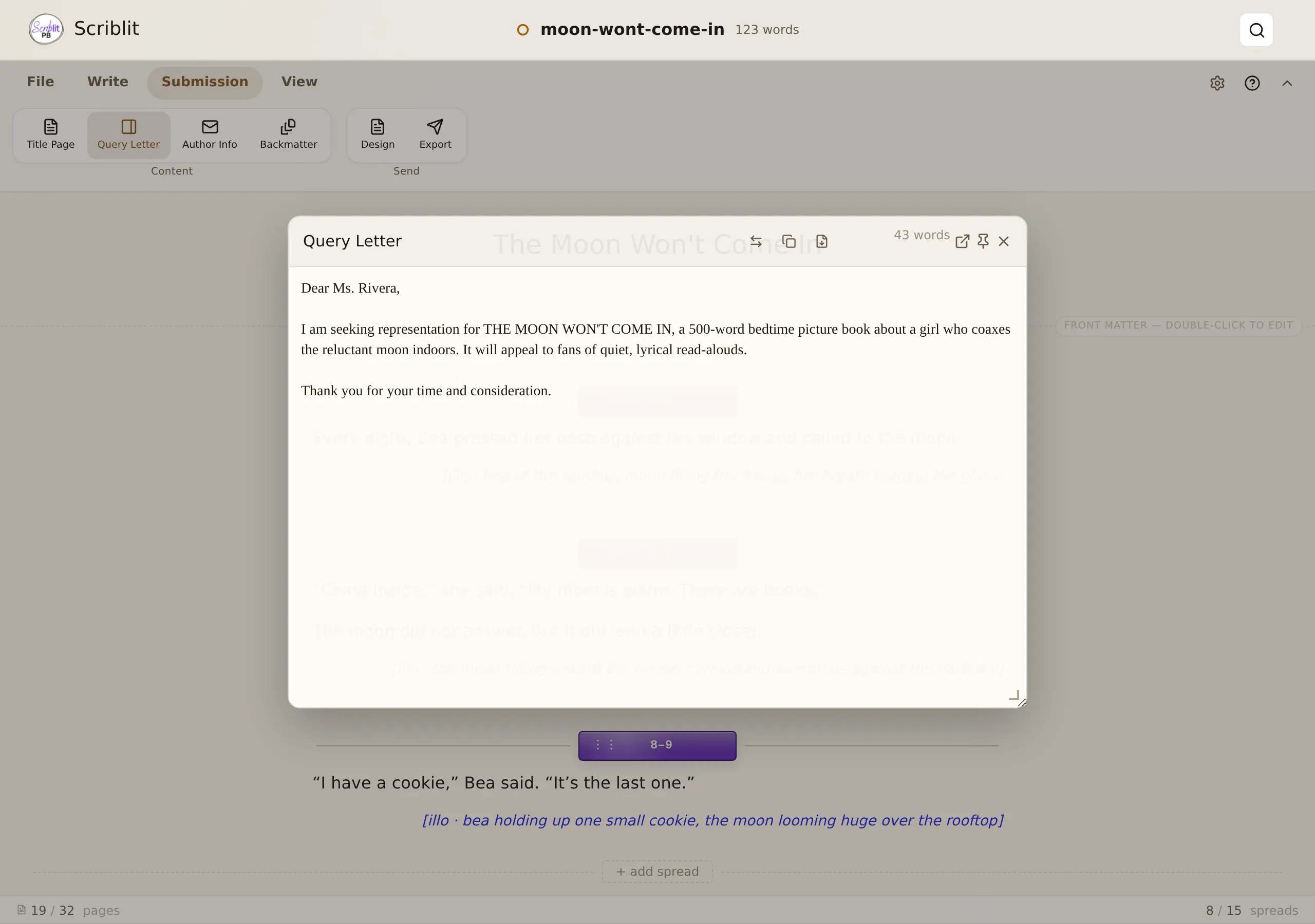 The Query Letter overlay floating over a dimmed manuscript, with swap, copy, export, pop-out, pin, and close controls and a live word count in its header, and a resize handle in the bottom-right corner