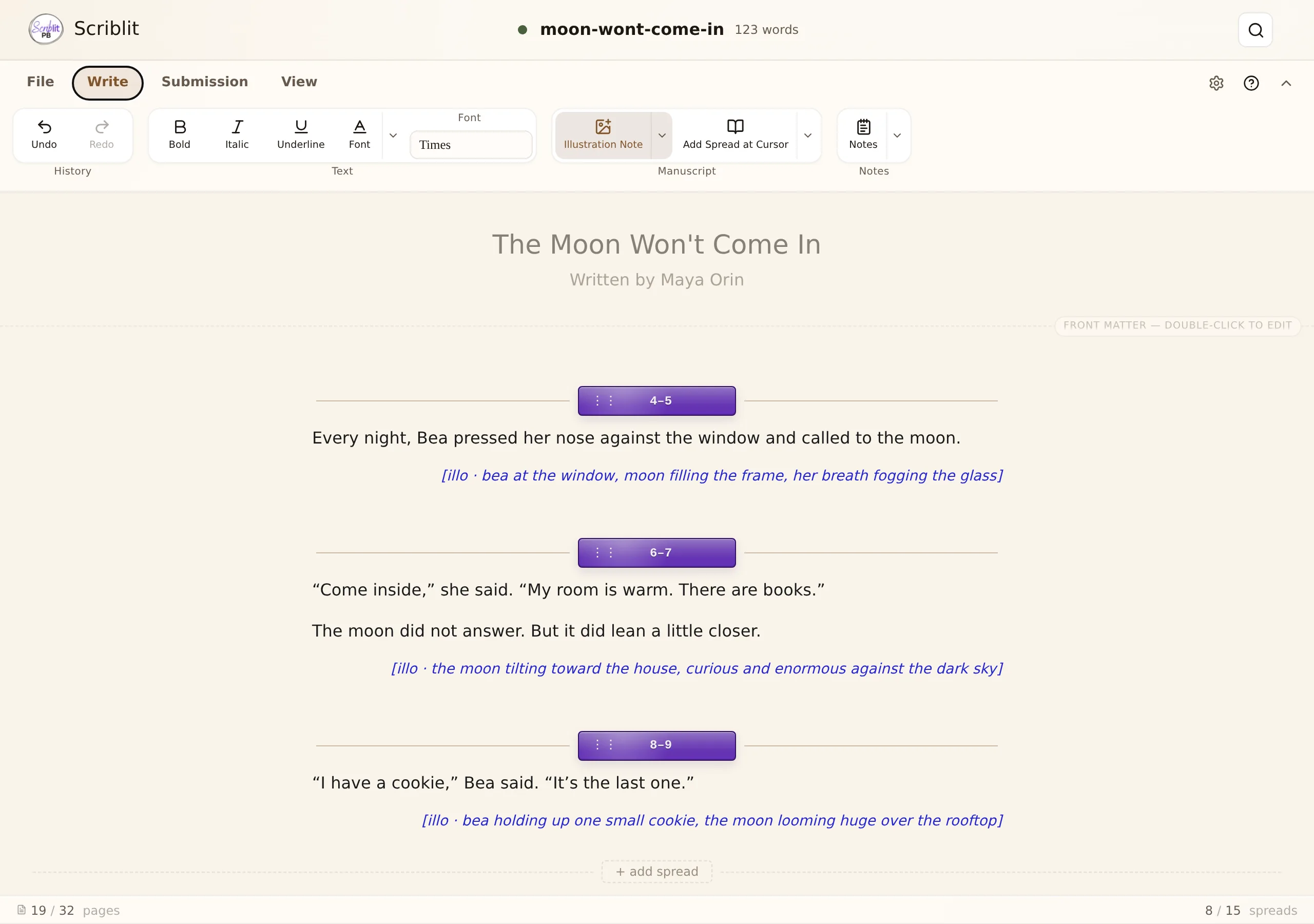 The desktop Scriblit editor on the Write ribbon tab, showing the History, Text, Manuscript, and Notes groups above a picture book manuscript in spreads