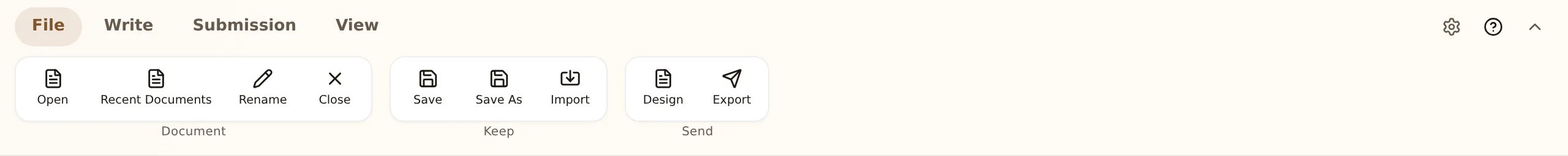 The File ribbon tab: a Document group (Open, Recent Documents, Rename, Close), a Keep group (Save, Save As, Import), and a Send group (Design, Export)