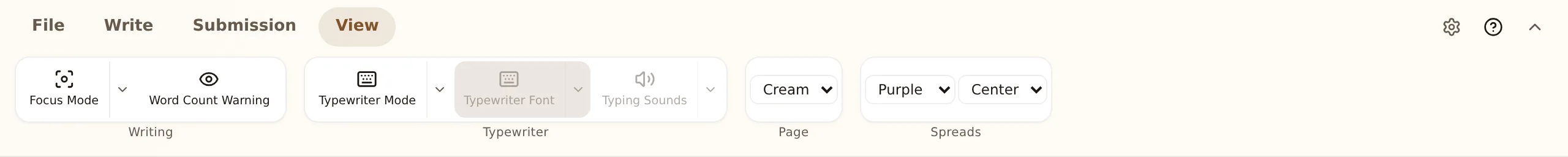 The View ribbon tab: a Writing group (Focus Mode, Word Count Warning), a Typewriter group, a Page group with the paper shade select, and a Spreads group with divider color and justification selects