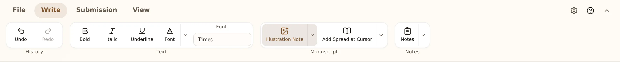 The Write ribbon tab: History (Undo, Redo), Text (Bold, Italic, Underline, Font), Manuscript (Illustration Note, Add Spread at Cursor), and Notes groups