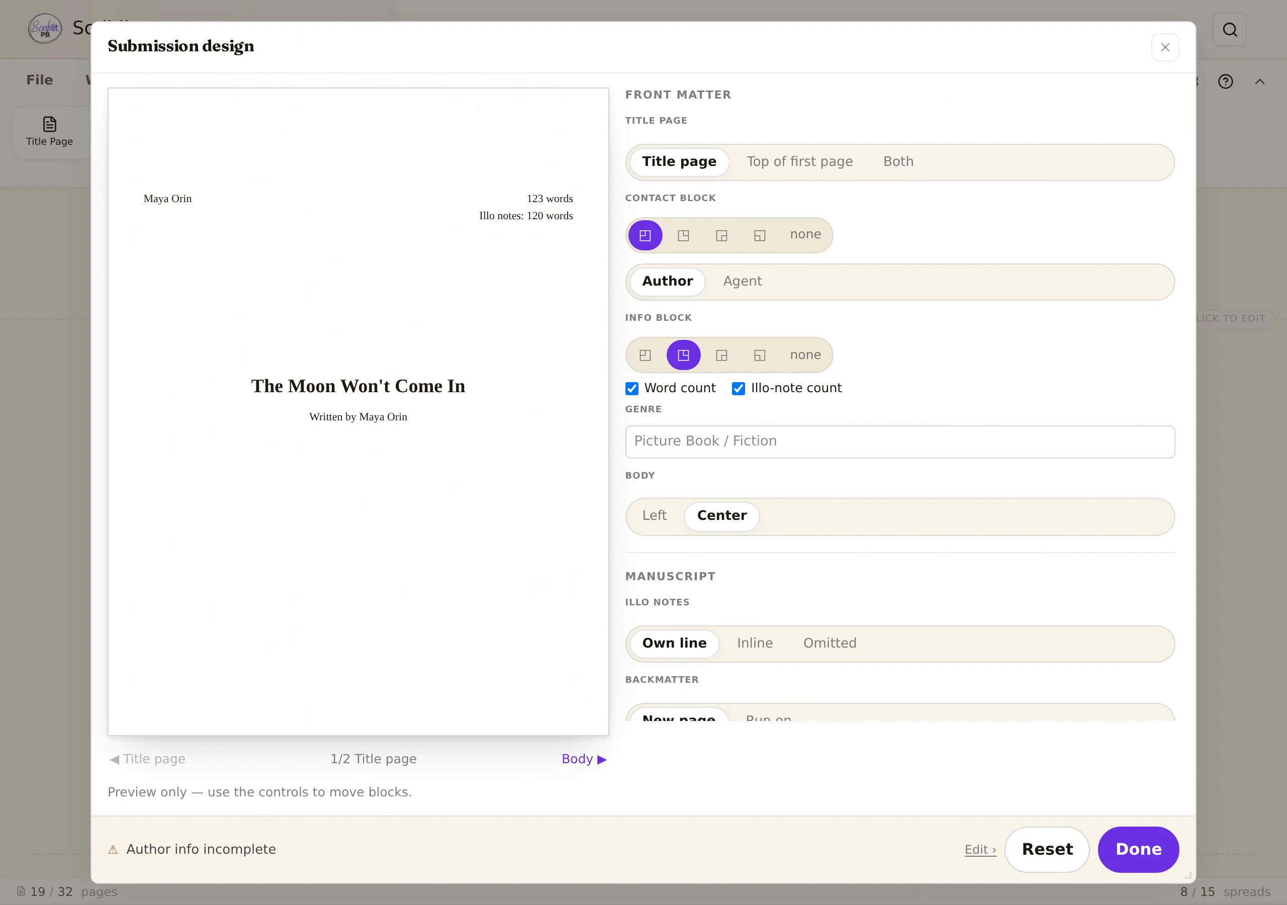 The Submission Design dialog open to the Front matter section, with the live title-page preview pane on the left and the projection, contact block, info block, genre, and body-alignment controls on the right