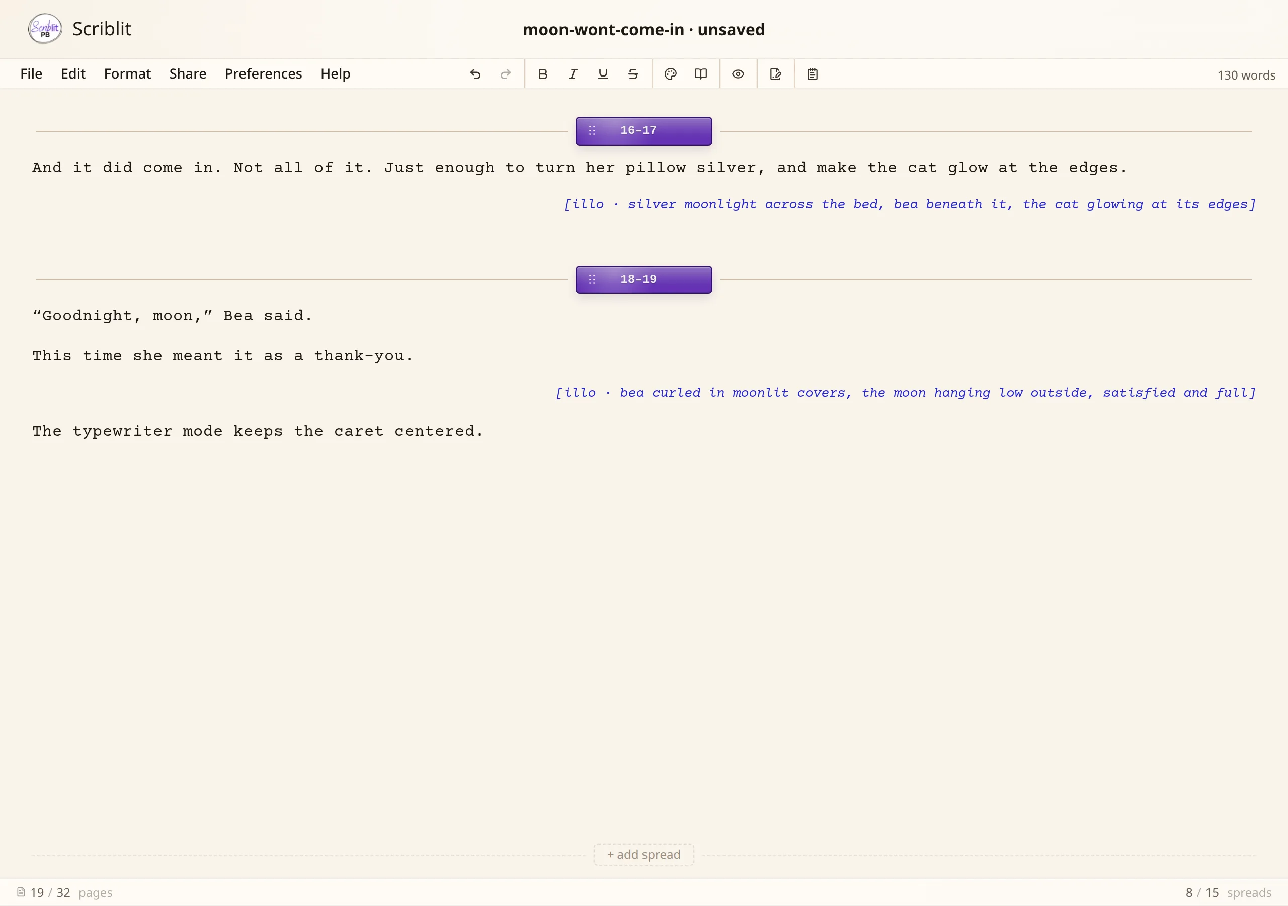 Enabling Typewriter Mode from the File menu and typing a line while the caret stays pinned